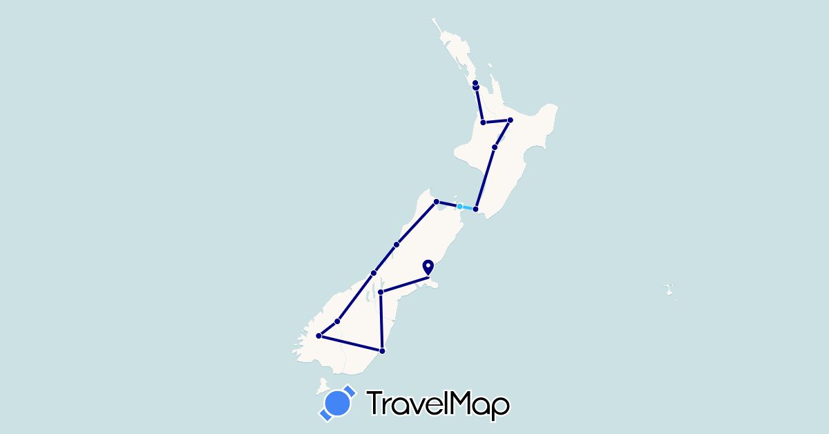TravelMap itinerary: driving, boat in New Zealand (Oceania)